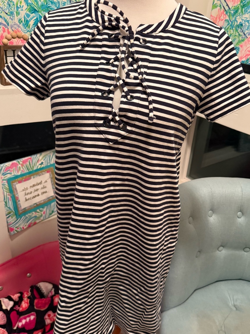 J. Crew Navy & White Striped Lace-Up Cotton Dress